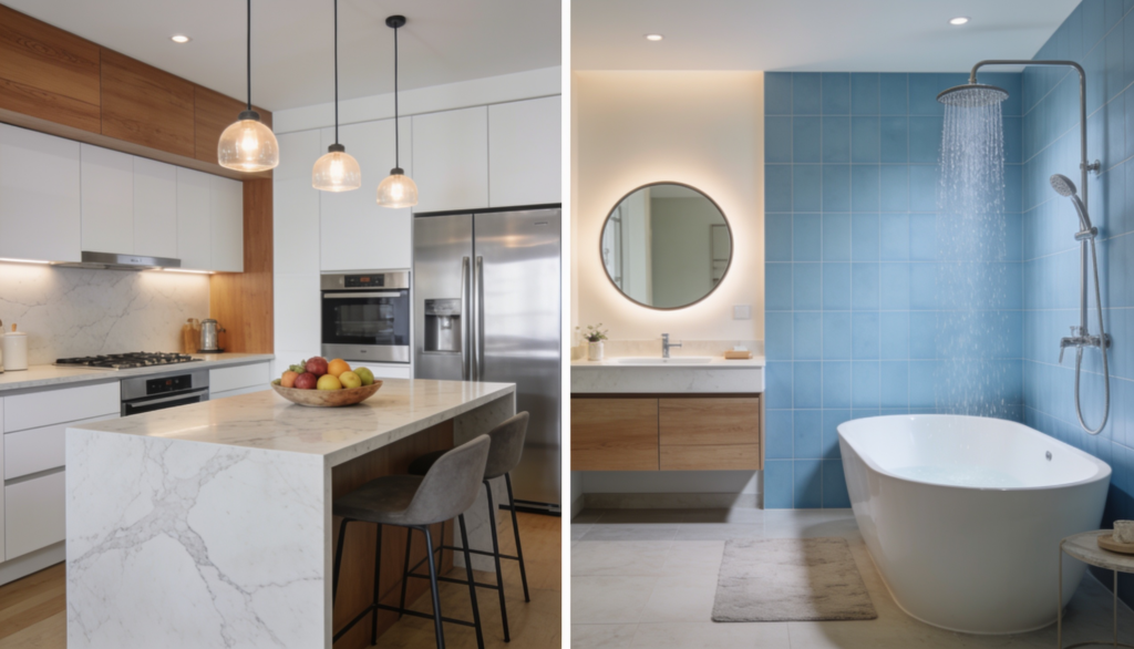 A side-by-side view of a modern kitchen with a white marble waterfall island and a luxury bathroom featuring a freestanding tub and a blue-tiled shower wall.